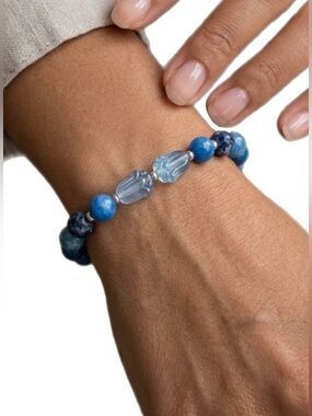 Blue Rutilated Quarts Stretch Beaded Bracelet with Czech Glass Tulips